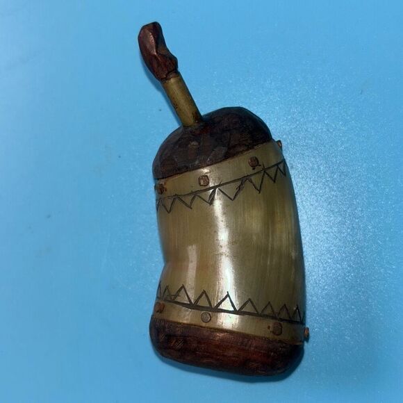 Vintage Carved bone powder flask/horn scrimshaw star copper - Picture 3 of 7